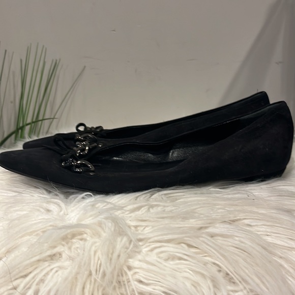 Prada size 37 Black Suede Flats with Chain & Bow Detail - NEW - Never Worn - Picture 8 of 15